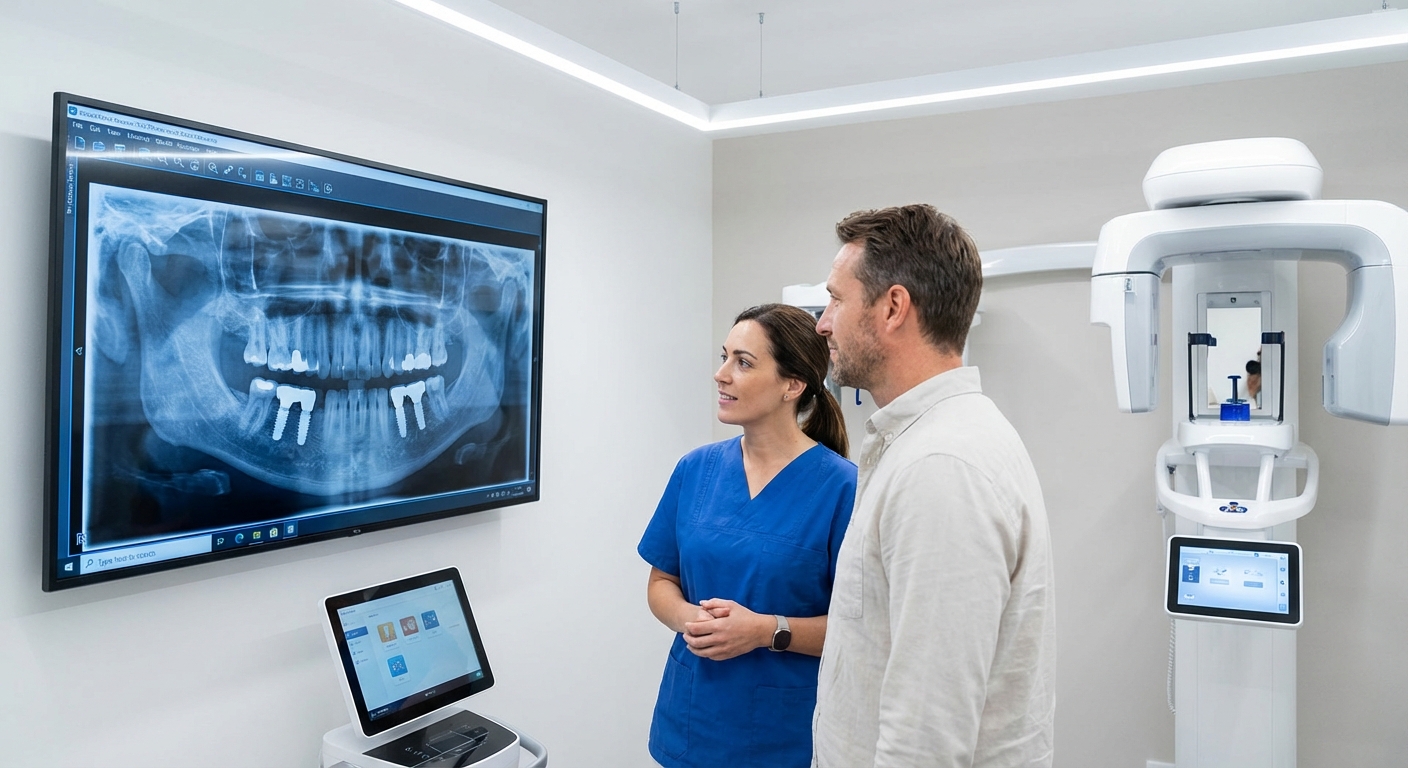 Resultado de implante dentário com prótese fixa mostrando sorriso natural e harmônico